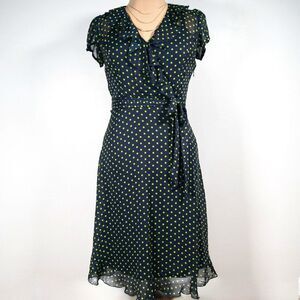 MSK Navy Blue and Green Polka Dot Faux Wrap Midi Belted Dress